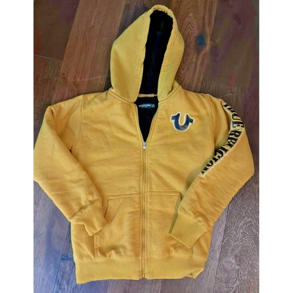 True Religion Zip Hoodie Sherpa Lined‎ Tan Logo Men's Medium